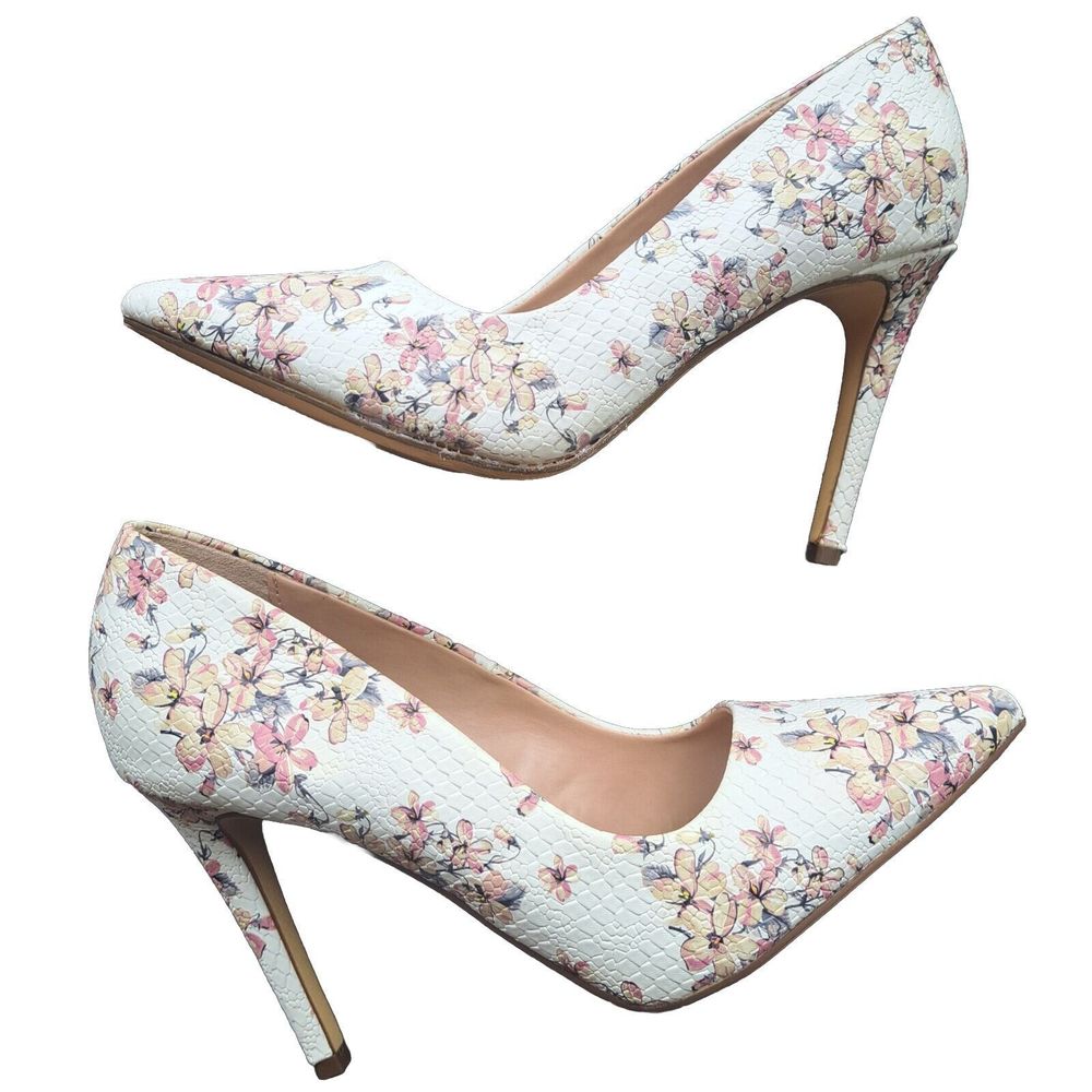 Call It Spring Womens 7.5 VEGAN Faux Pebbled Leather Floral Pointed Toe Heels